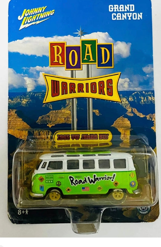 Johnny Lightning 1965 VW Samba Bus Road Warriors Green and White Grand Canyon