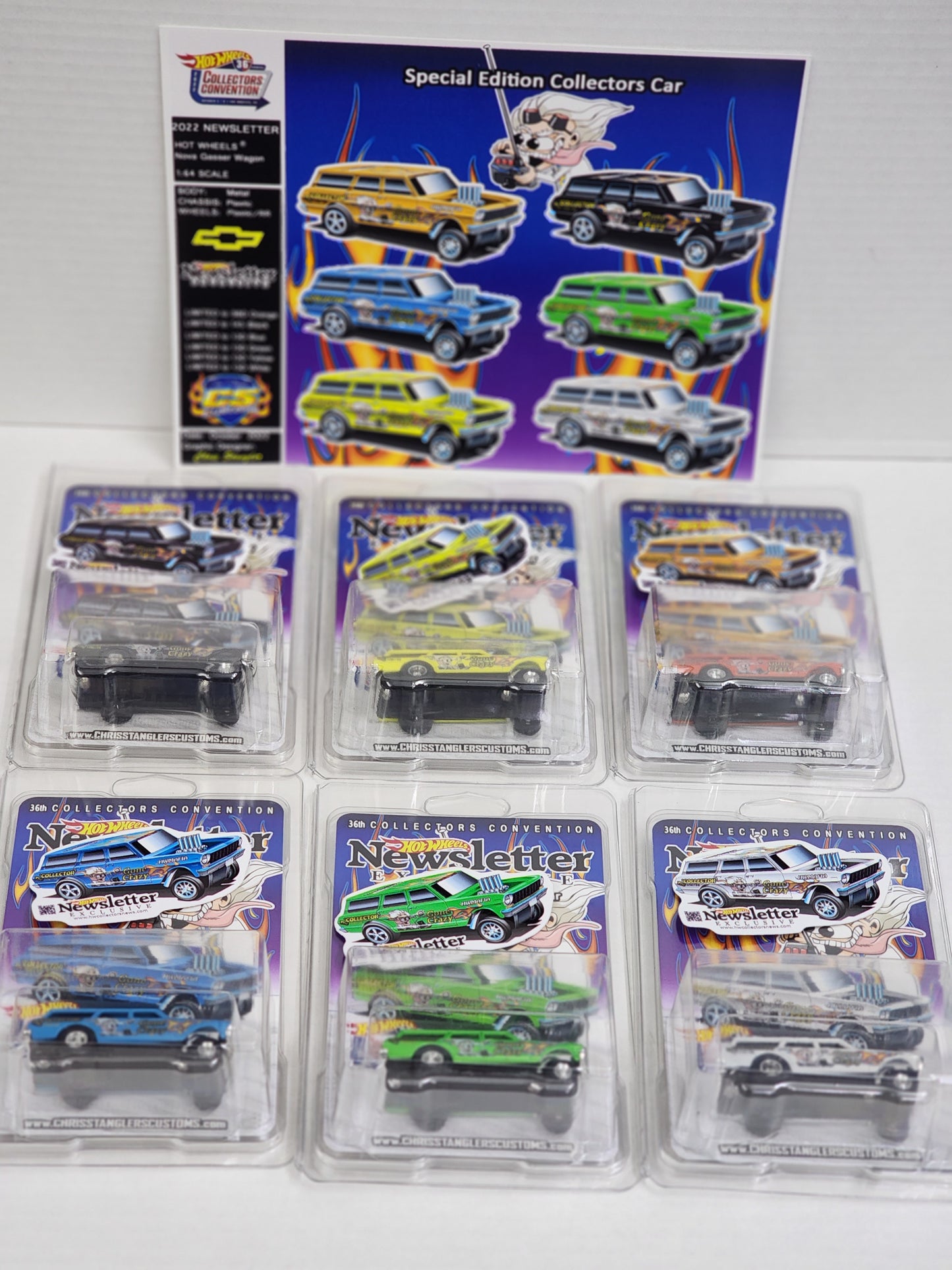 Hot wheels

2022 Newsletter

64 Nova Gasser

Complete set of 6

Comes with 

Esheet and stickers per car

From 36th L.A convention 

Chris Stanglers customs