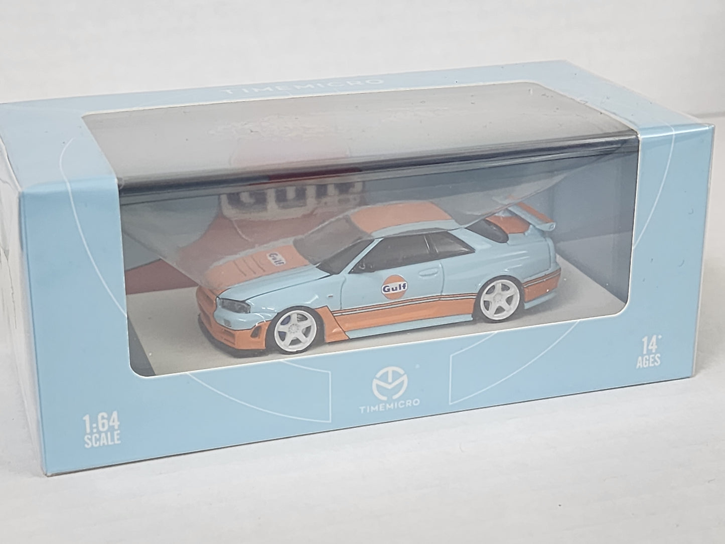 Timemicro 1/64 Nissan skyline Gtr bnr34 opening hood and figure Gulf livery