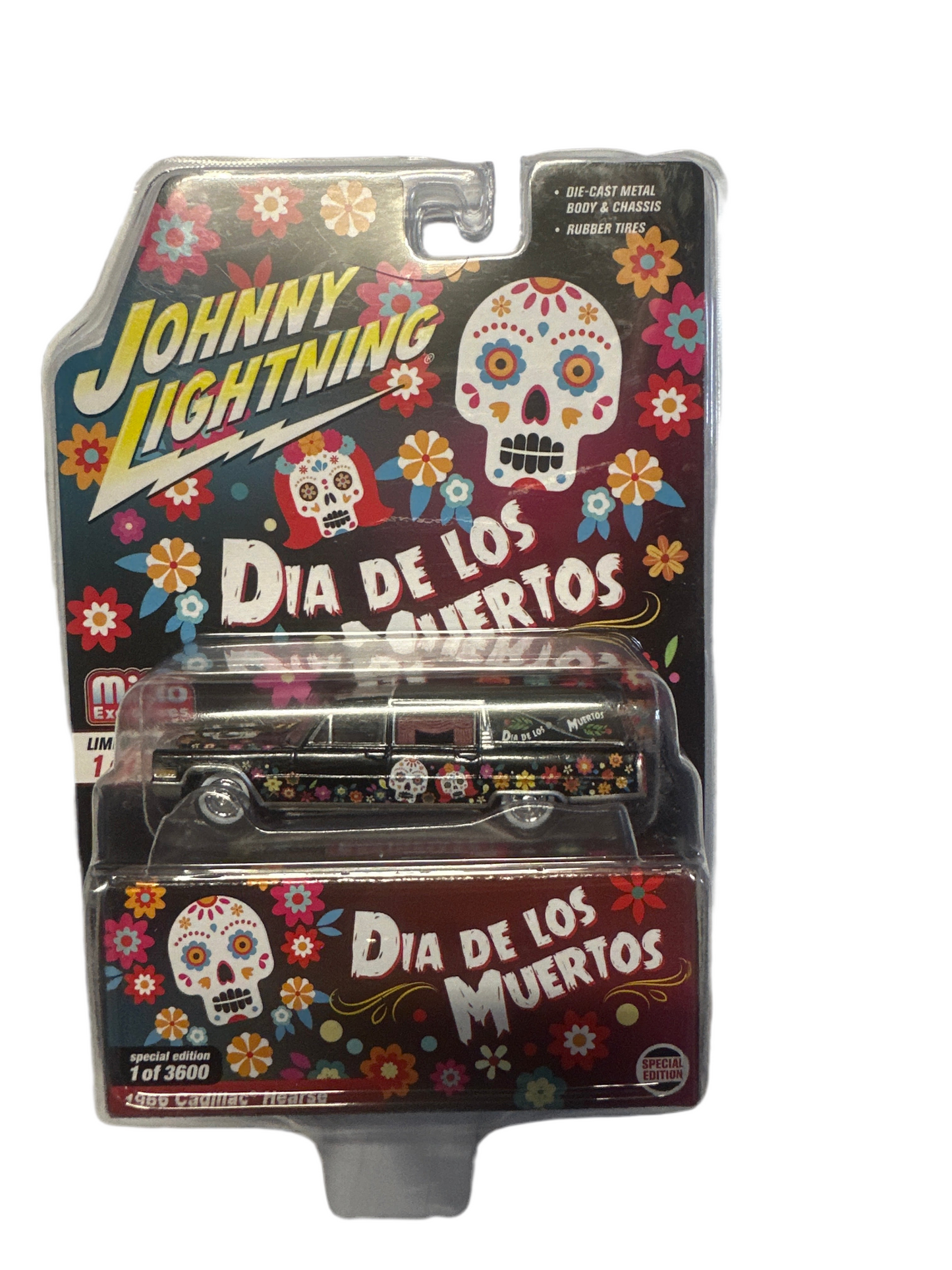 1966 Cadillac Hearse Black Dia de Los Muertos (Day of The Dead) Limited Edition to 3600 Pieces 1/64 Diecast Model Car by Johnny Lightning