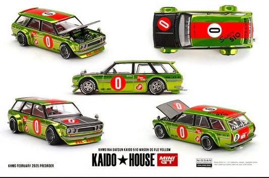 DATSUN 510 WAGON RHD #0 "OG FLOW" YELLOW-GREEN KAIDO HOUSE 1/64 MINI GT KHMG164
