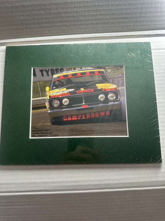 Bathurst 1971 Hardie Ferodo 500 69E - T.Meehan/R.Cookie 25.5cm x 20cm ( green frame front wooden backing) original print