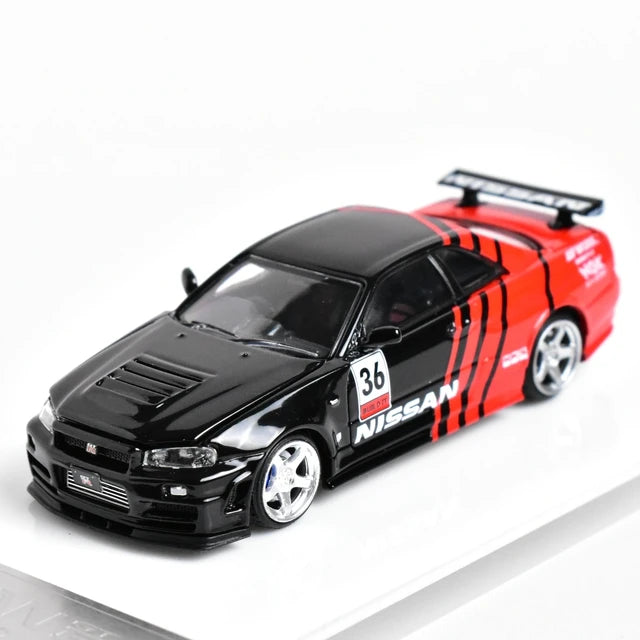 Timemicro 1/64 Nissan skyline Lbwk Lb-Er34 opening hood and figure Advan  black and Red