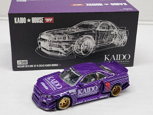 Kaidohouse Mini Gt #48 V1 Nissan skyline Gtr R34 Purple Chase