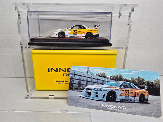 Inno64-R 
Nissan Skyline ER34 
Super Silhouette  LBWK Liberty Walk 
Yellow/White
Resin