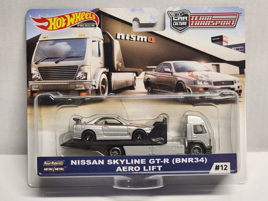 Hot wheels 

Premium 

Team transporter 

Nismo

Nissan skyline Gtr r34 and  Aero lift 

No.12
 